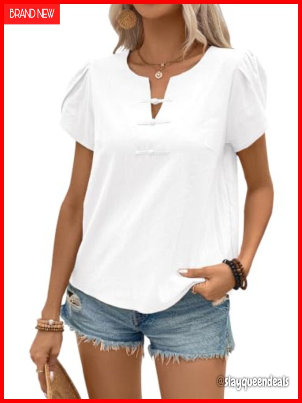 Women's Henley V-Neck Petal Sleeve Blouse - Dressy Casual Short Sleeve Top